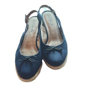 Lifestride Denim Espadrille Sling Back Shoes Blue Size 10W 2" Heel Front Bow